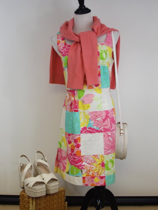 Lilly Pulitzer Dresses & Skirts - Lilly Pulitzer Patchwork Floral Shift Dress Size 6 Pink Green Cotton Preppy Reso